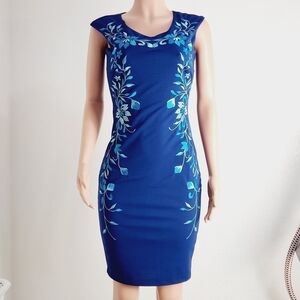 Jax Floral-Embroidered Sheath Midi Dress, Blue Pattern Size: 2